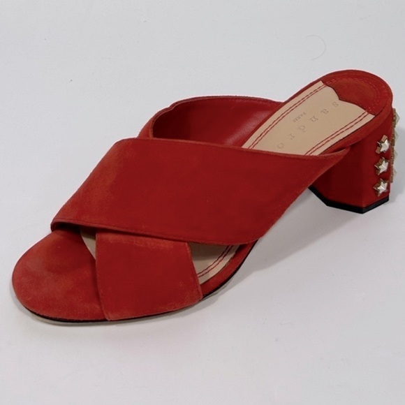 Sandro Paris E17 Alise Rouge Star Block Heel Suede Mules Red Size EU 37 - Picture 3 of 10